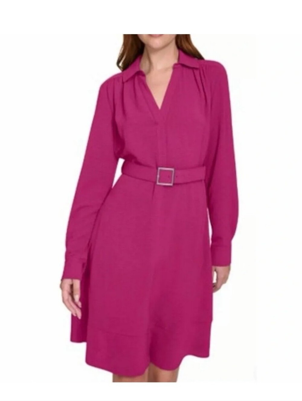 Calvin Klein NWT Size 8 Magenta Pink Belted Shirt Dress Long Sleeve Midi $134